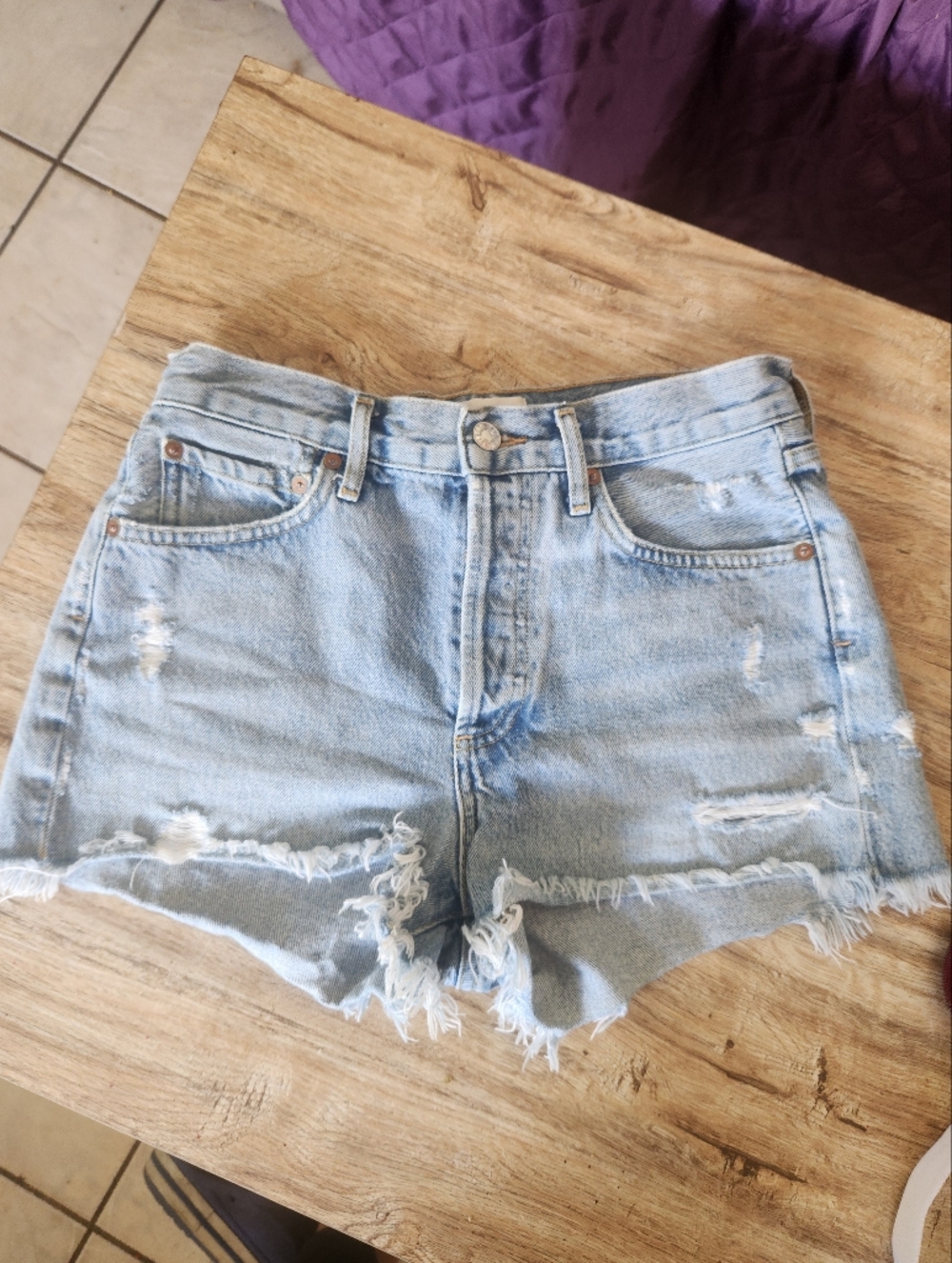 Agolde Pale Blue Distressed High-Rise Denim Cutoff Shorts